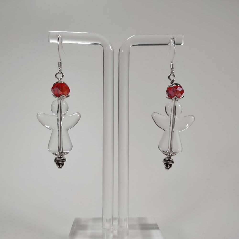 Handmade Clear Acrylic Angel With Glass Bead Pierced Ear Fishhook Post Earrings